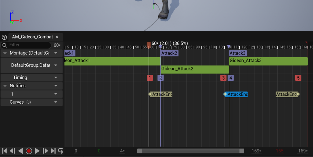 세 공격 구간의 끝부분에 AttackEnd Notify를 배치한 몬타지 타임라인