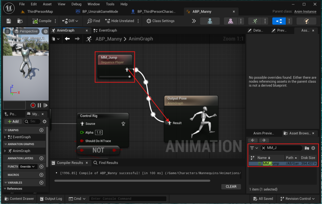 MM Jump 시퀀스 플레이어를 Output Pose에 직접 연결한 애니메이션 그래프